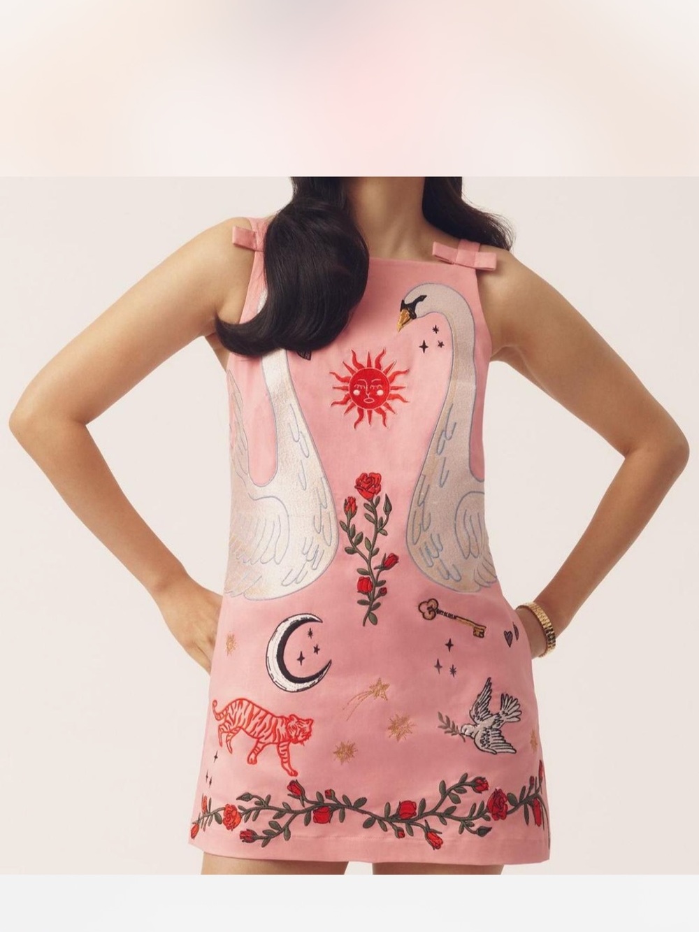 Anthropologie Pink Embroidered Swan Shift Dress